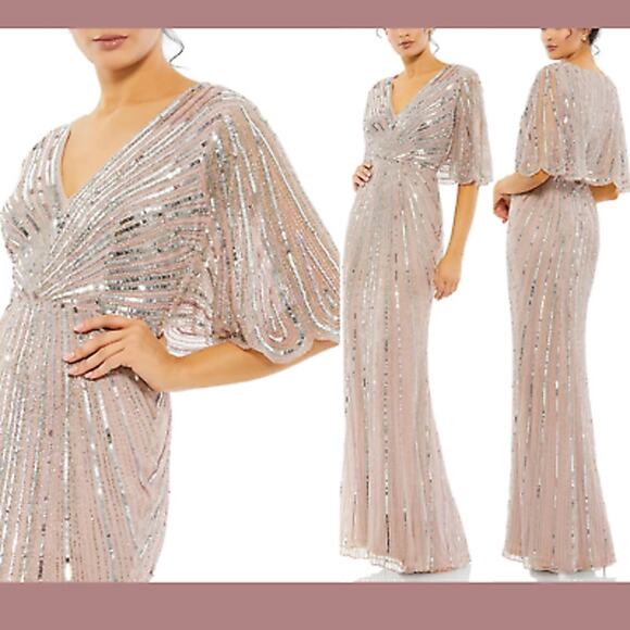 Mac Duggal Pink Sequined V Neck Cape Sleeve Gown Size 4 Style 93583 - Picture 1 of 11